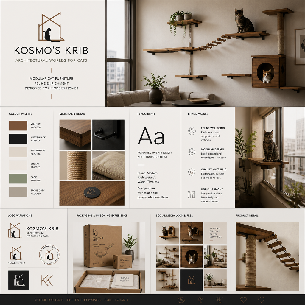 Kosmo's Krib brand guide with palette, typography, packaging and product direction