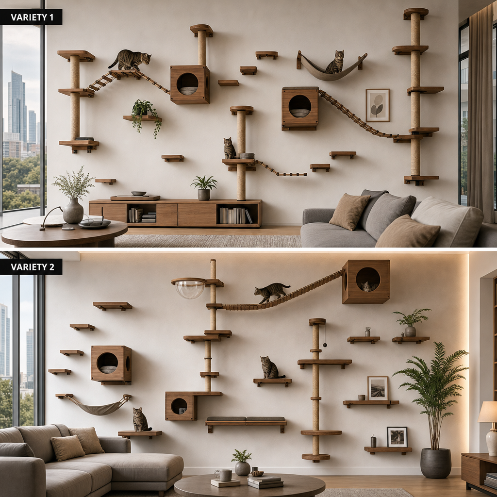 Evening living room with warm lit modular cat wall