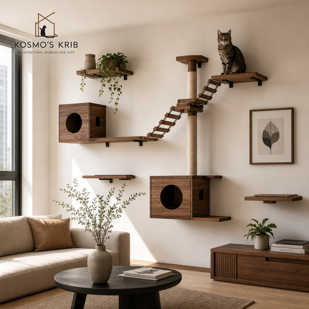 Minimal warm living room with Kosmo's Krib wall-mounted cat furniture