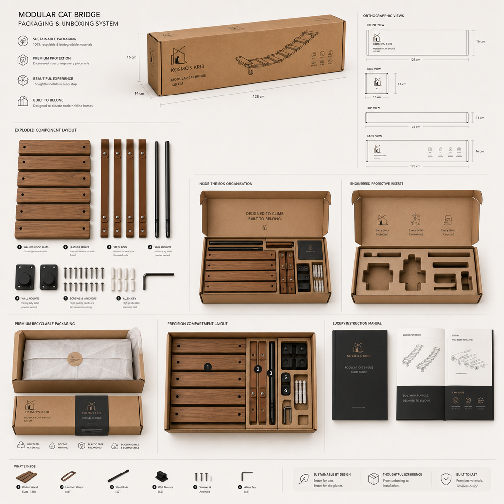 Kosmo's Krib packaging and unboxing system with organized components