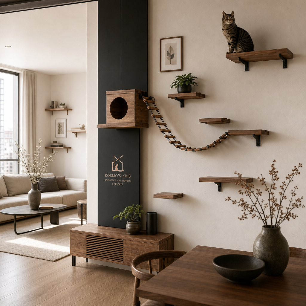 Dining room with modular cat wall and integrated brand panel