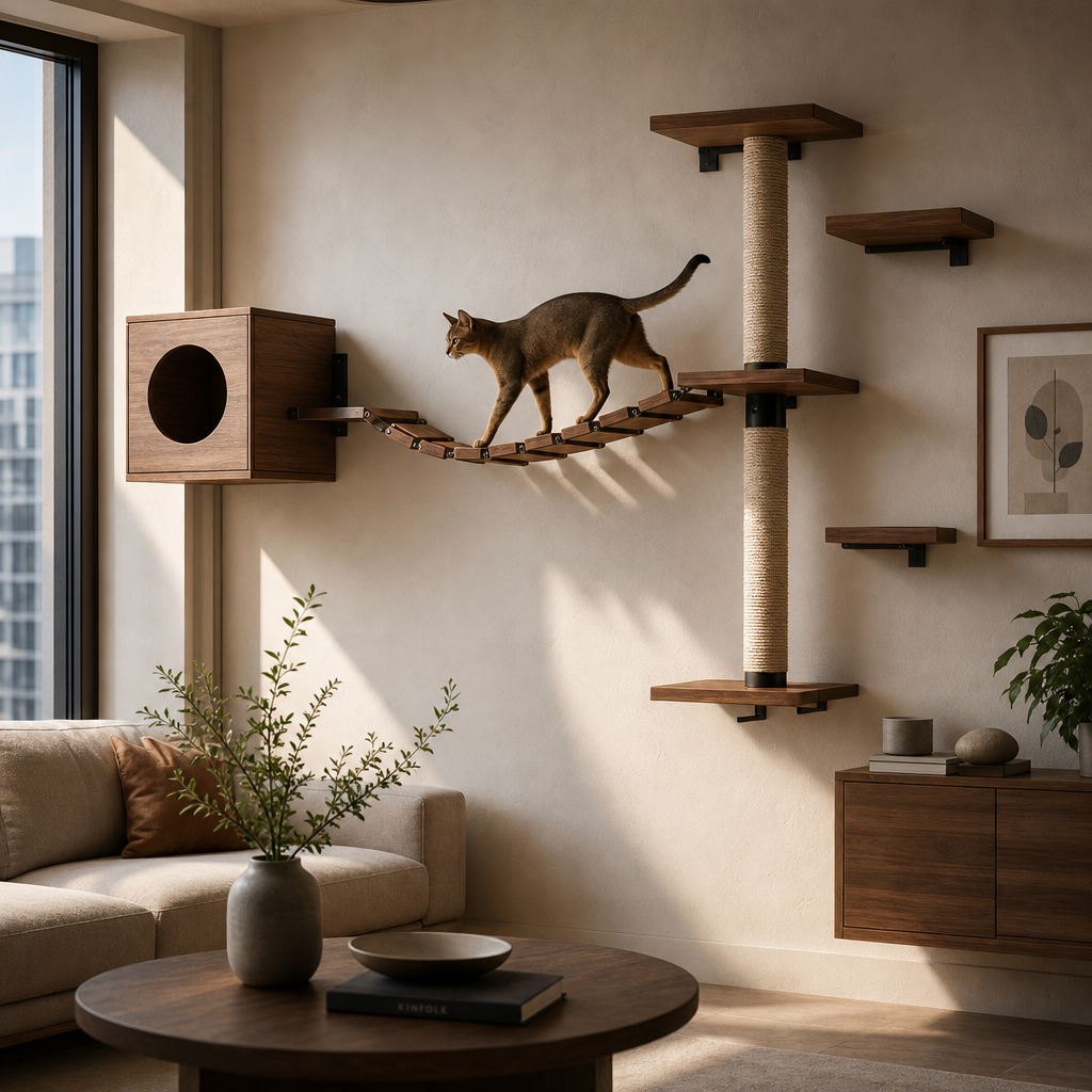 Minimal cat wall bridge with walnut shelves and a cat perch