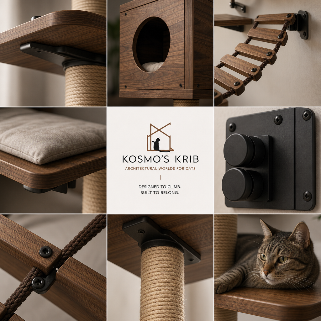 Vertical cat climbing system with scratching post, pods and shelves